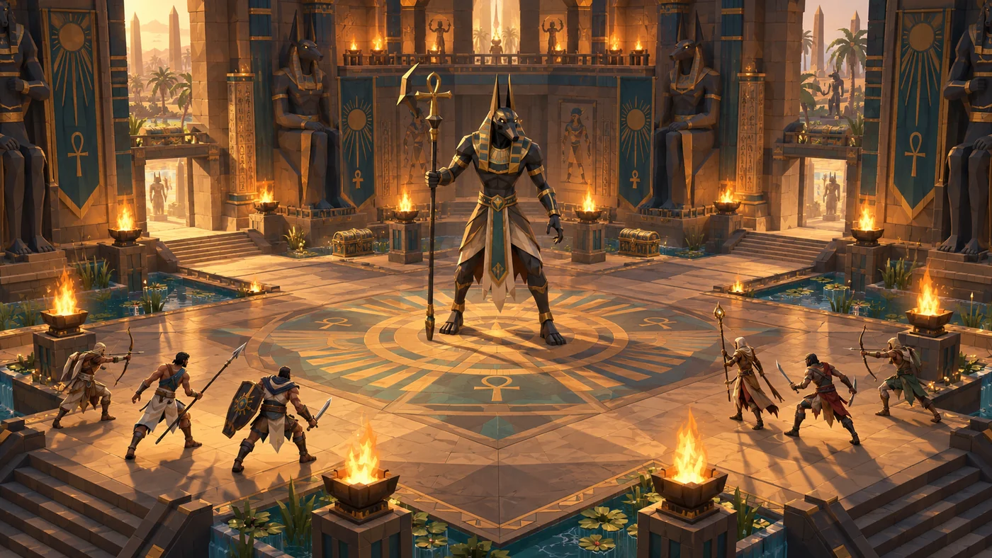 Concept art of player families preparing for a tournament in an Egyptian arena