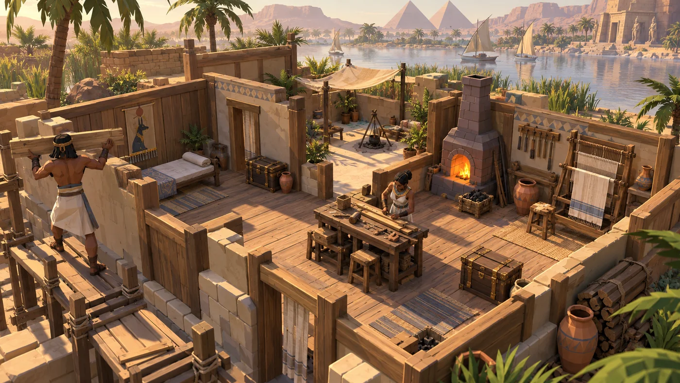 Concept art of an Egyptian base with buildings and crafting stations