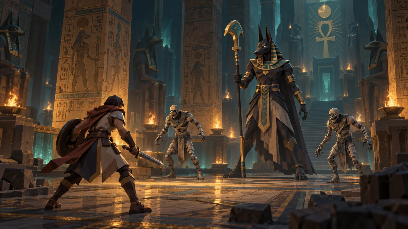 Anubis y las momias guardianas en una cámara monumental iluminada por antorchas
