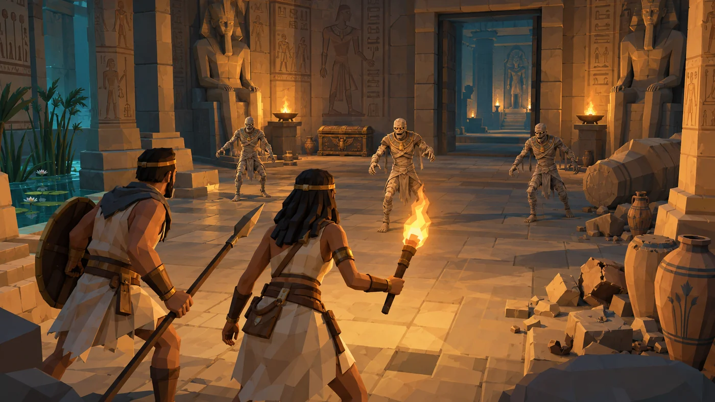 Concept art of an expedition through the chambers and guardians of an Egyptian temple