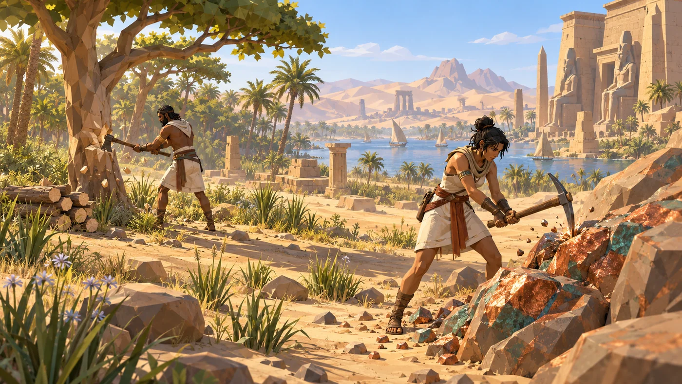 Concept art of adventurers gathering resources in an Egyptian landscape