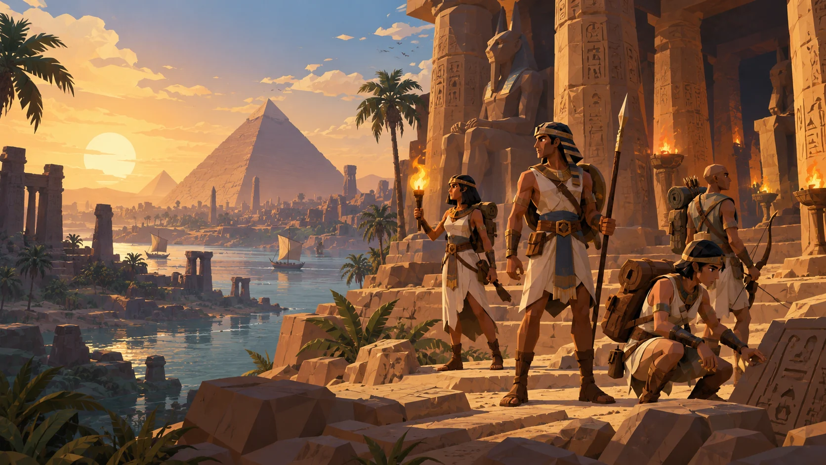 Aventureros explorando las ruinas de un Egipto de fantasía