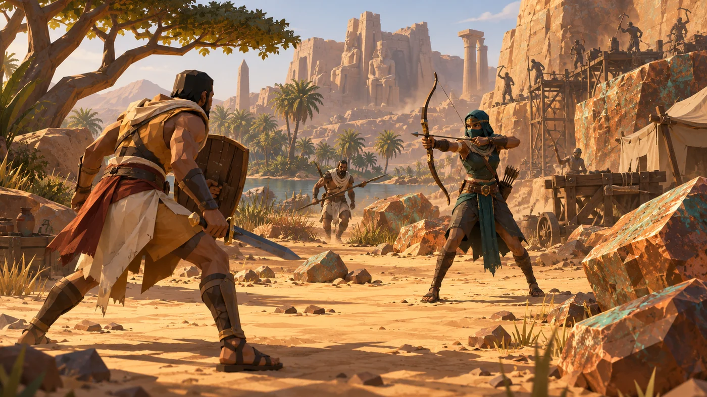 Concept art of equipped players facing each other in an Egyptian setting