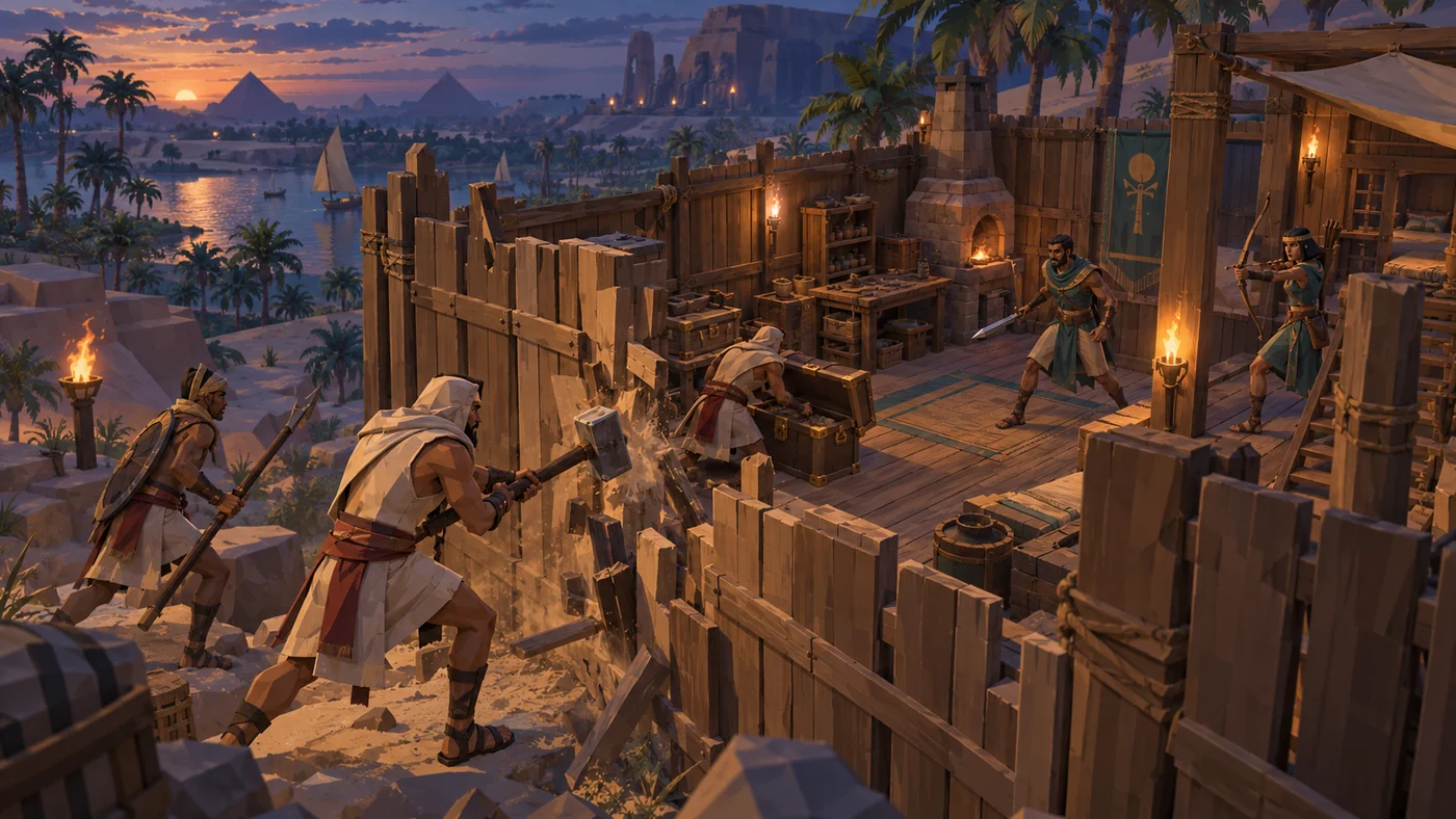 Concept art of players raiding the walls and chests of a rival base
